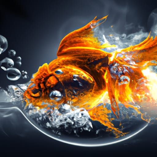 Flaming Golden Fish Leaping from Cyberpunk Water