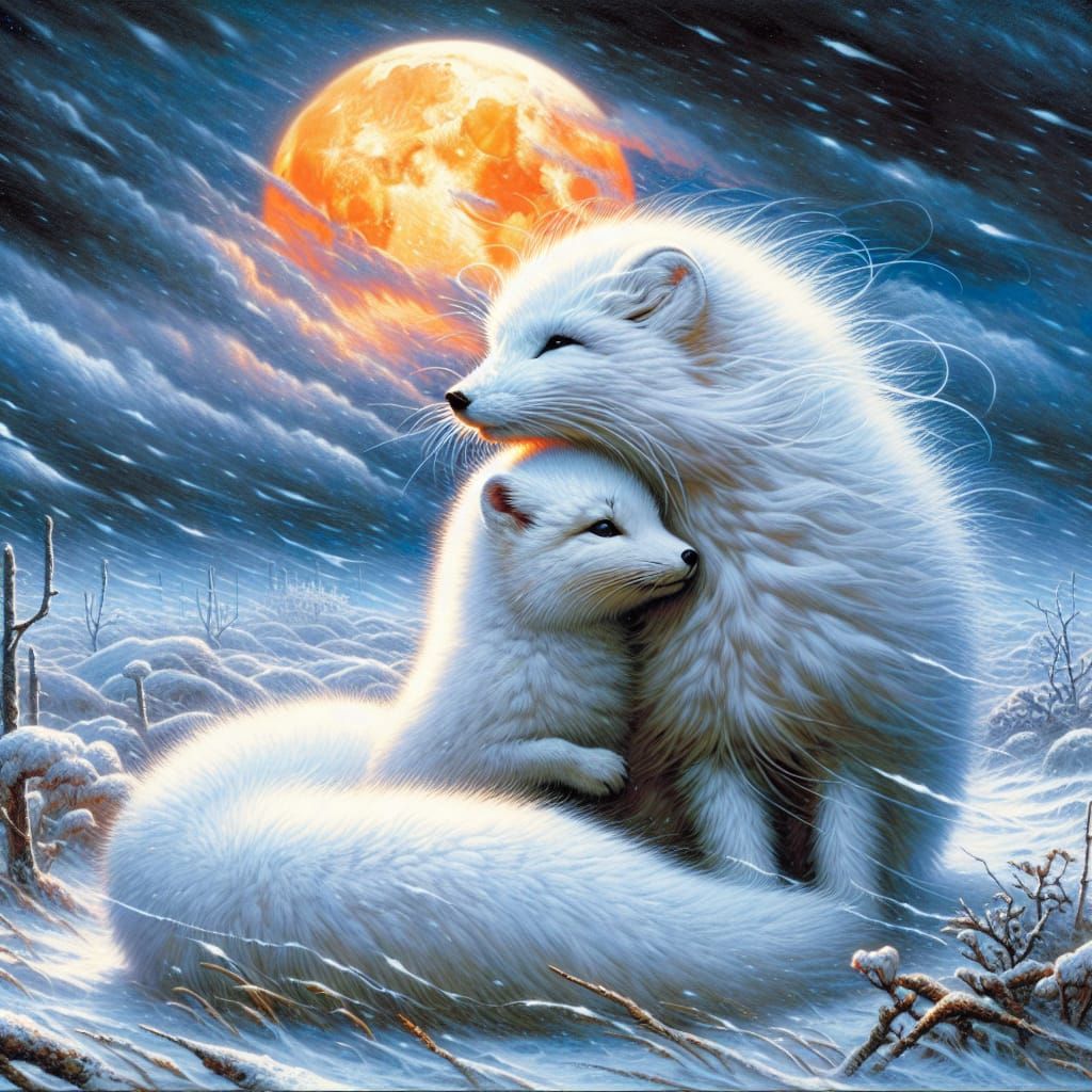 Elegant Ermine and Arctic Fox Cuddle in Blizzard