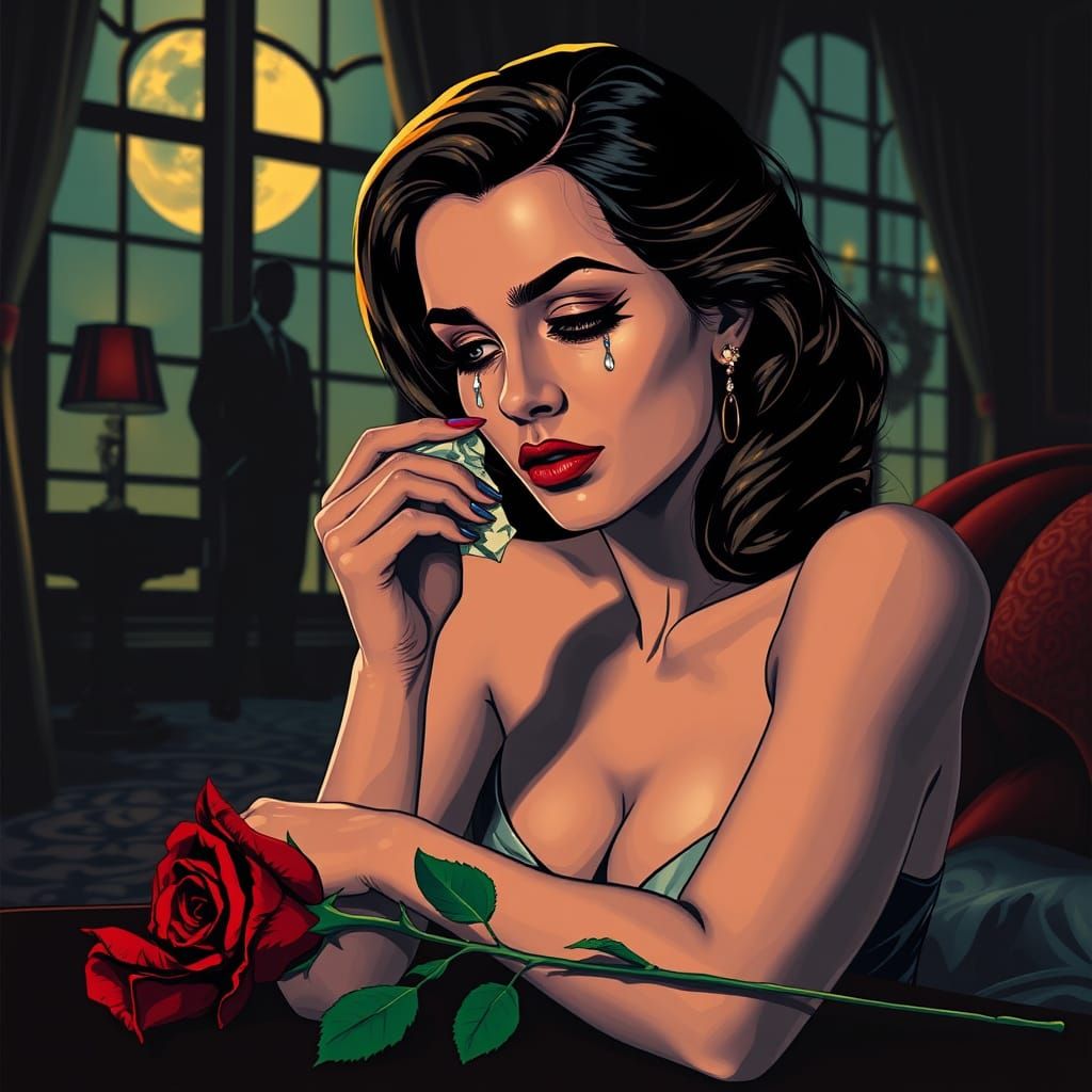 Sorrowful Woman Crying in Opulent Room in Pop Art Style