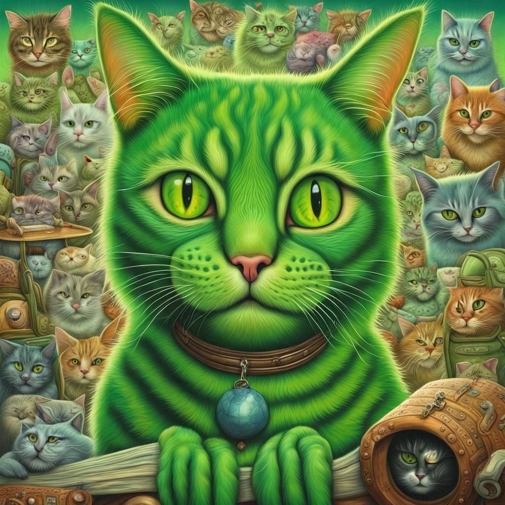 Green Cat in a Colorful Maximalist World