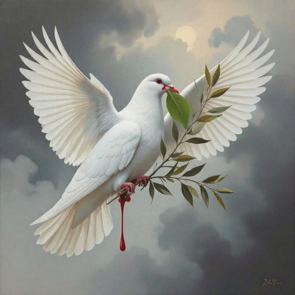 White Dove with Olive Branch in Gloomy Sky