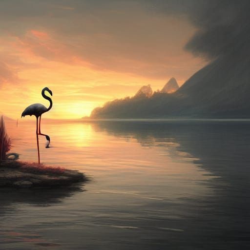 Sunset Lake Island with Flamingo: Dark Fantasy Art
