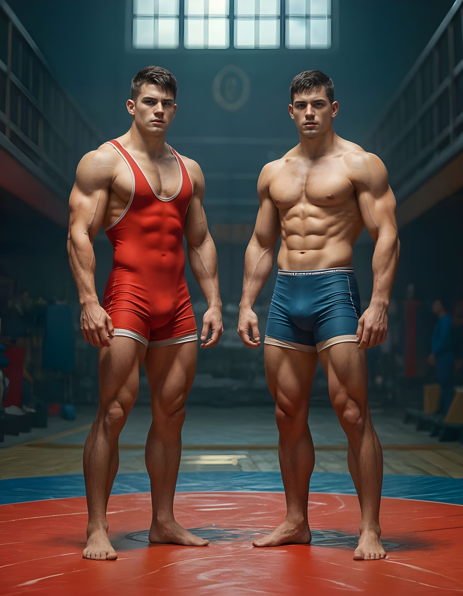 Athletic Wrestlers in Red and Blue Singlets