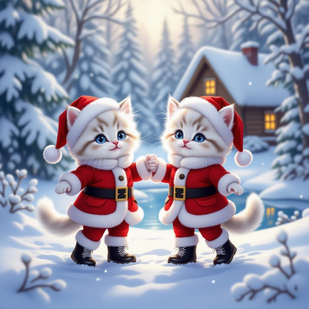 Fluffy Kittens Dance in Magical Snowy Forest