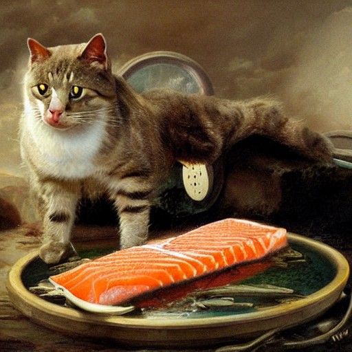 Cat Eating Salmon: Detailed Matte Painting