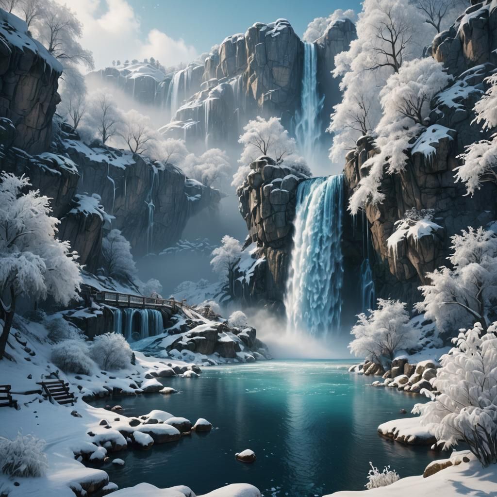Blue Winter Landscape with Waterfall in Hyperrealistic Style
