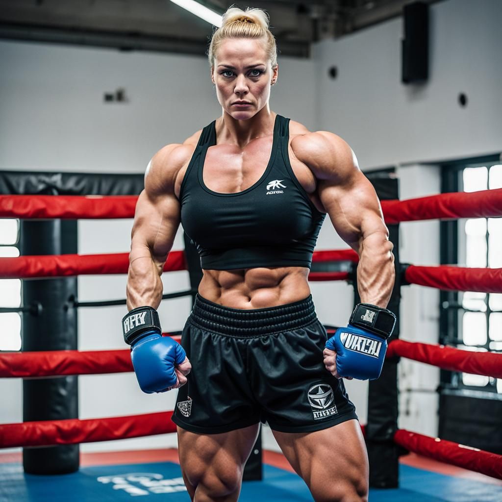 Muscular MMA Fighter Flexing Biceps in Boxing Ring