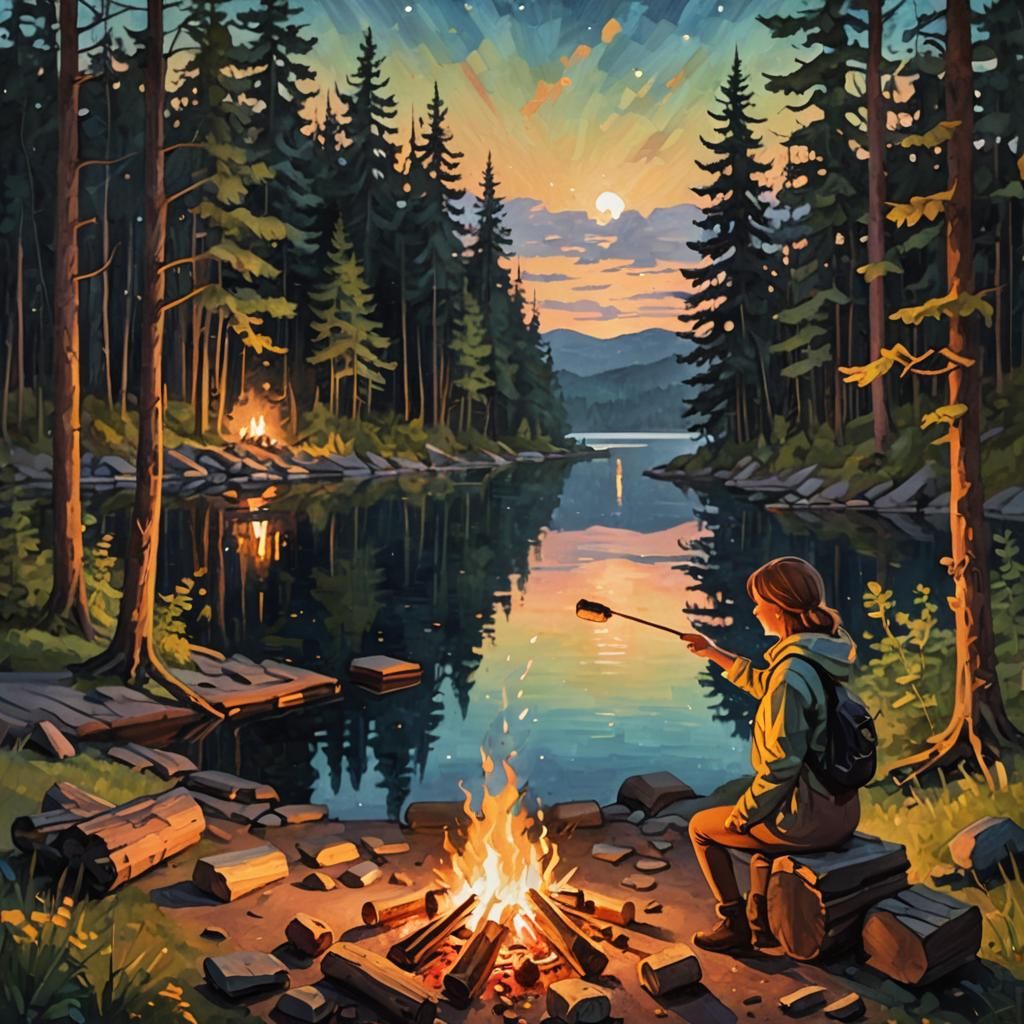 Girl Roasting Marshmallows: Impressionist Bonfire Scene