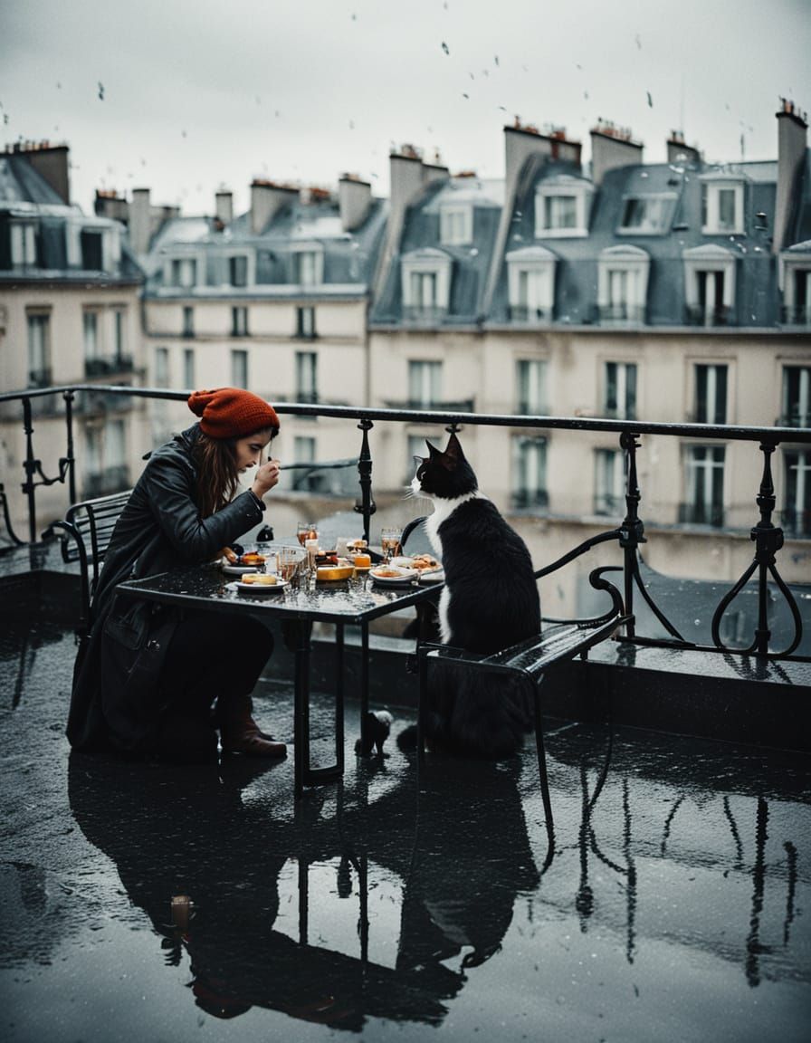 Parisian Rooftop Lunch: A Cinematic Black and White Scene
