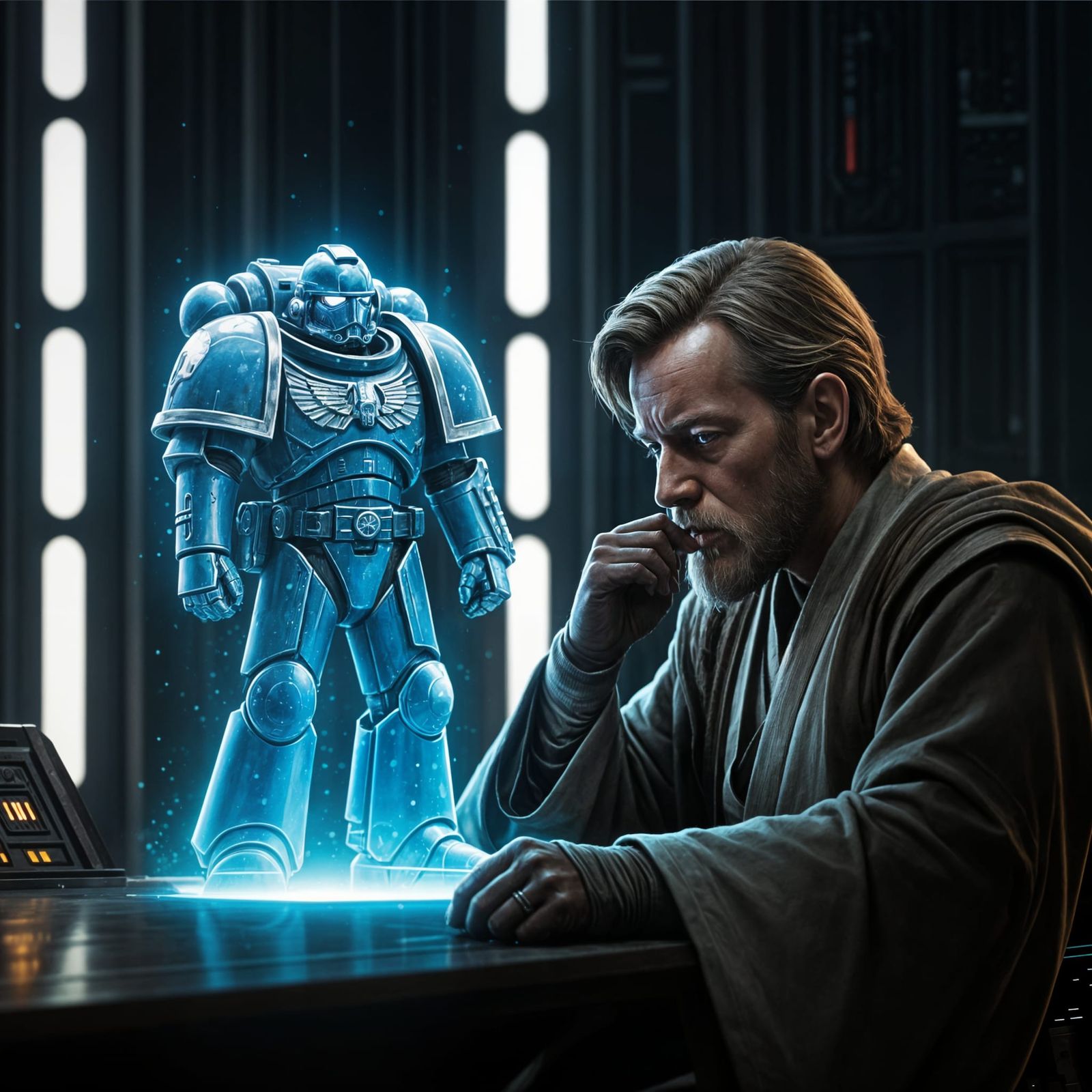 Obi-Wan Contemplates astartes Hologram in Jedi Council