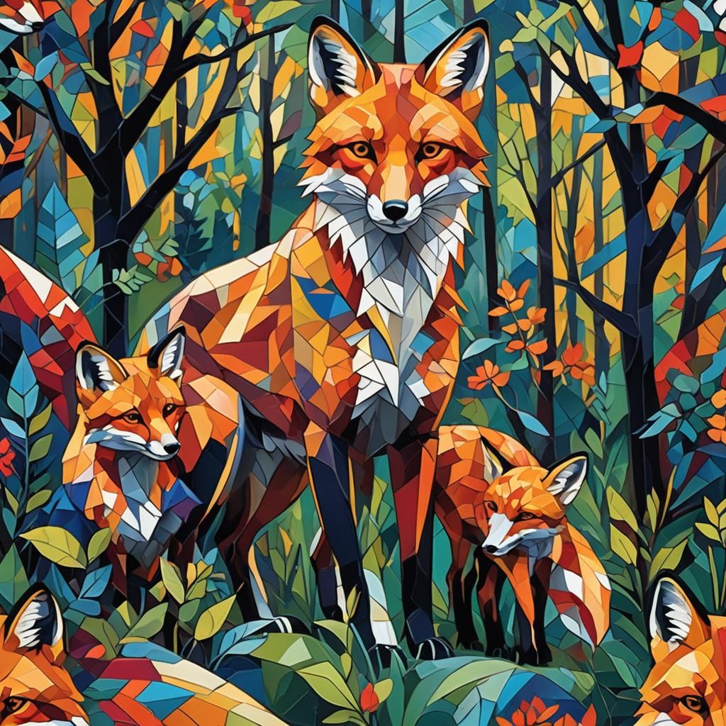 Fox and Cub in Cubist Geometric Fauvism