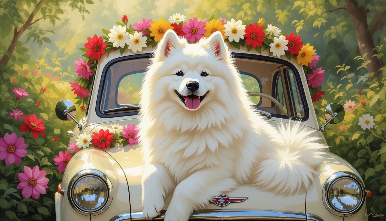 Samoyed Dog in Flower-Adorned Car, Impressionistic Style