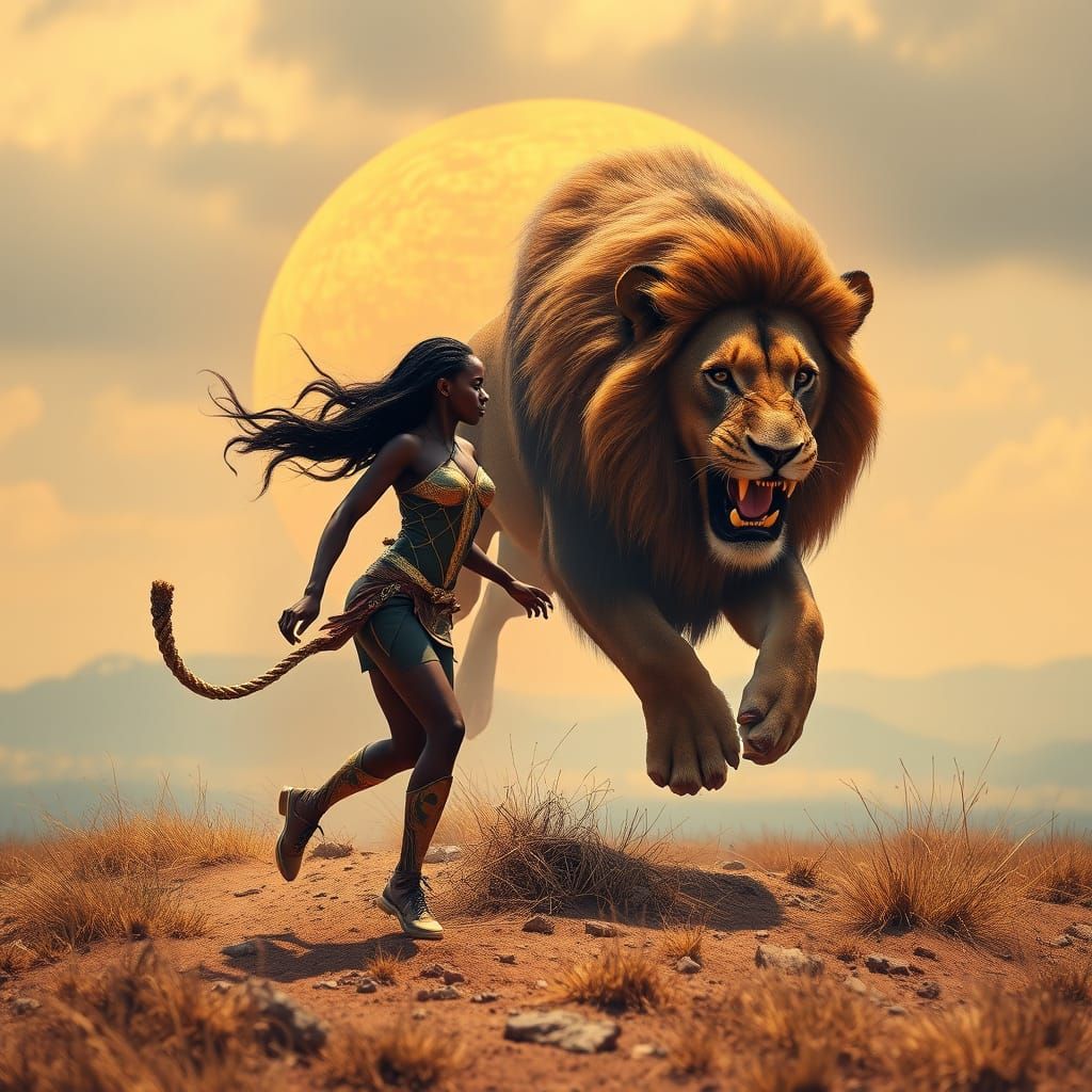 Vixen Carried by Wind Towards Lion, Hyperrealistic