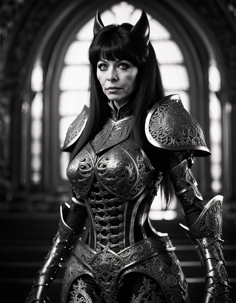 Cassandra Peterson in Battle Armor: Hyperrealistic 3D Render