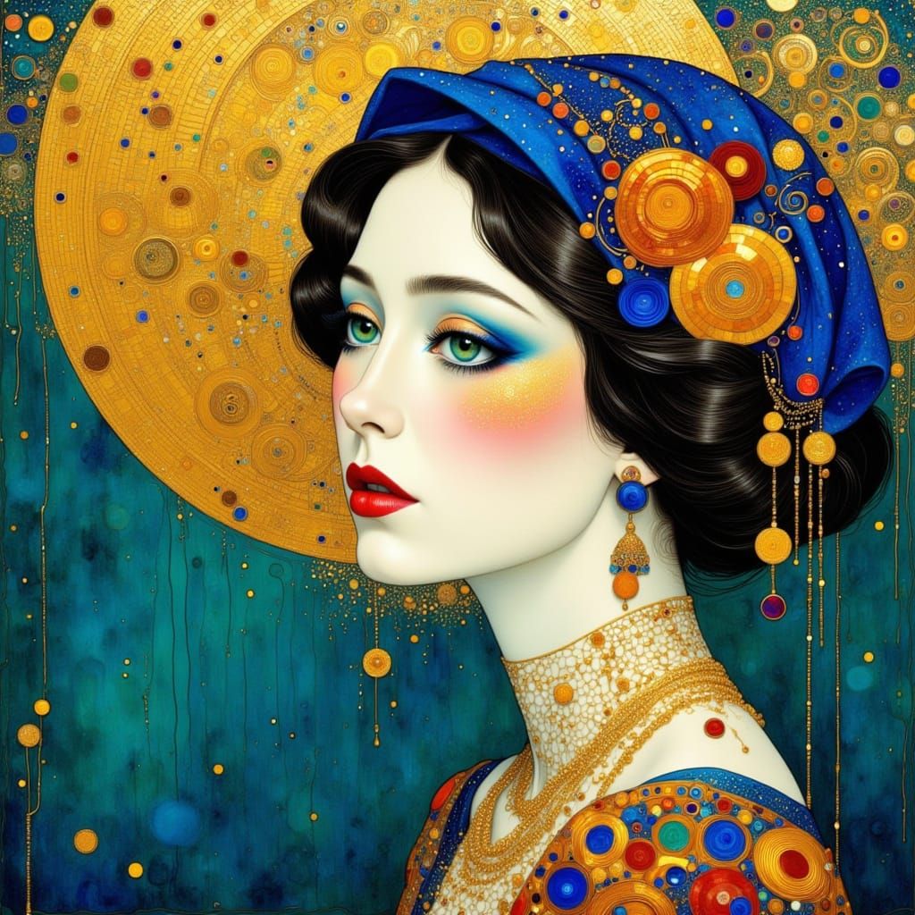 Klimt Style Woman in Iridescent Silk with Gold Foil Detail