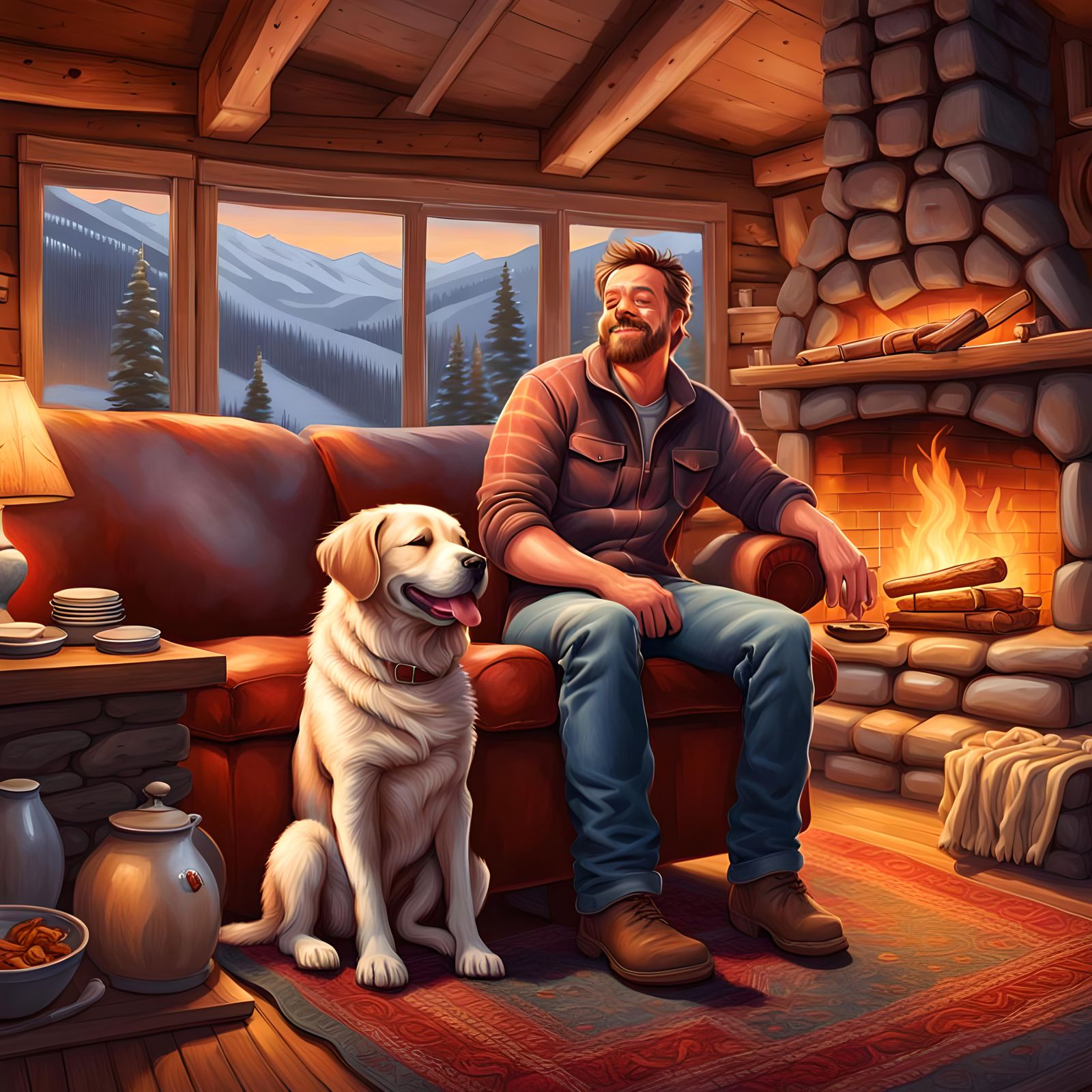 Cozy warm happy welcoming mountain cabin, man in jeans, slee...