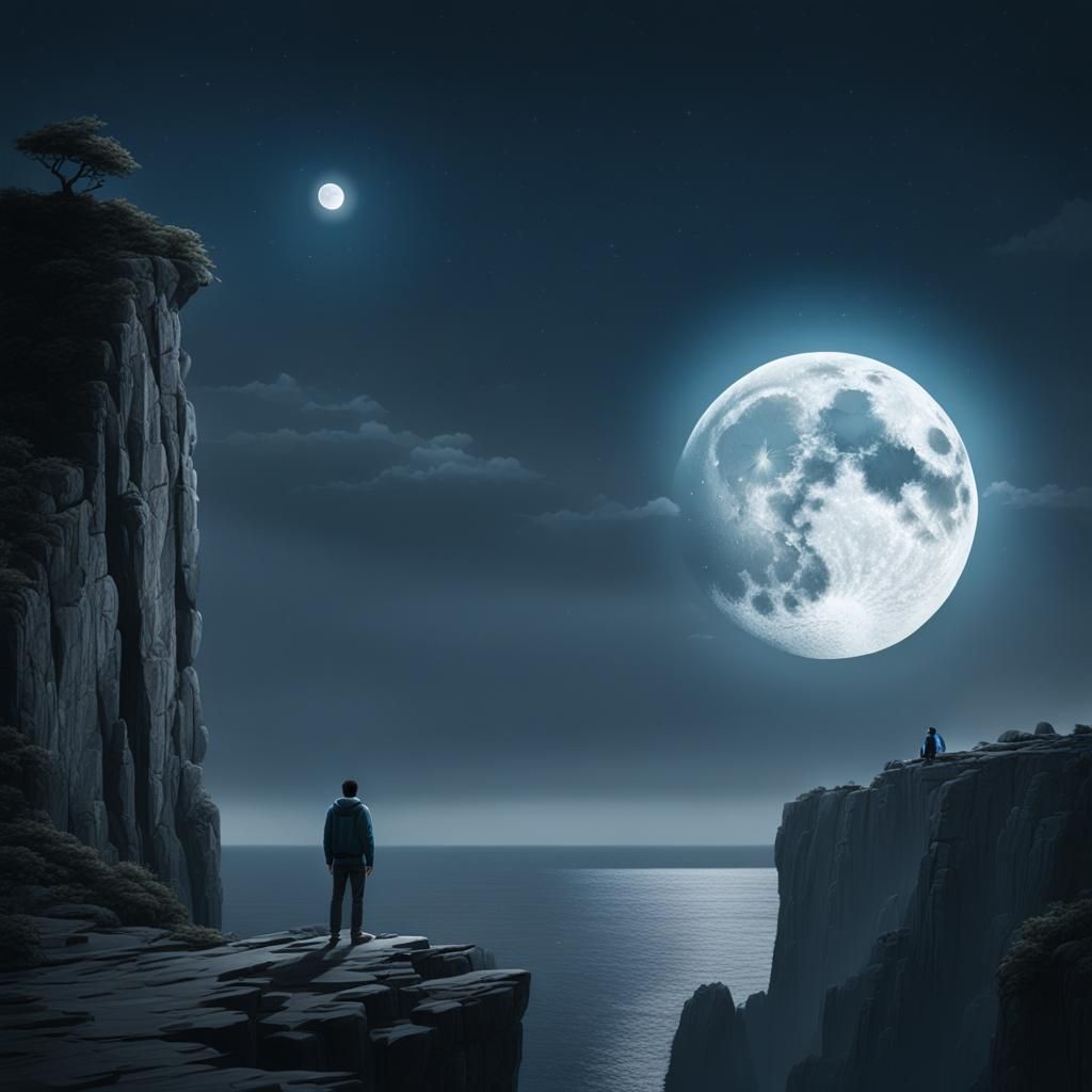 Solitary Figure Gazing at Moon in Digital Painting