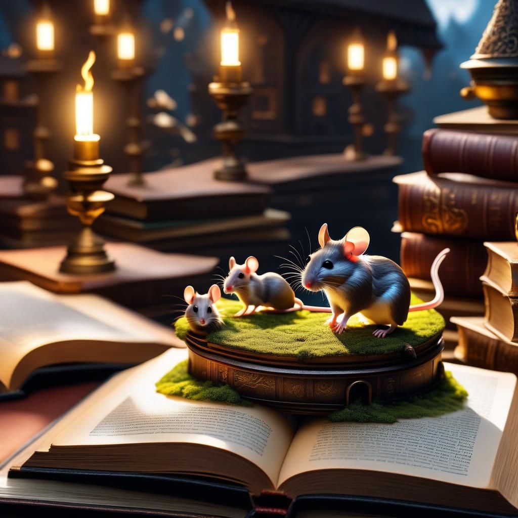 Miniature Mice World Emerging from Fantasy Book
