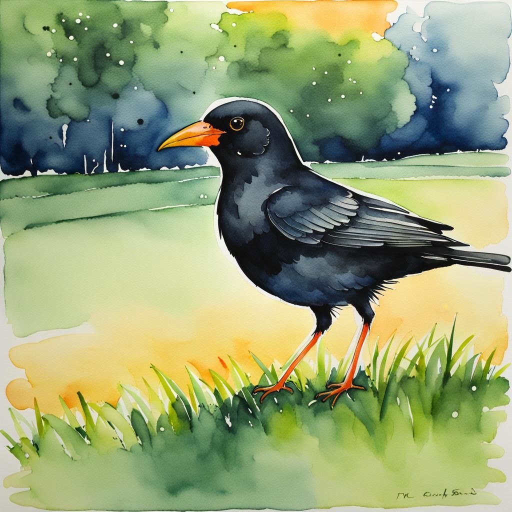 Blackbird on Lawn in Watercolor with Ink Outlines