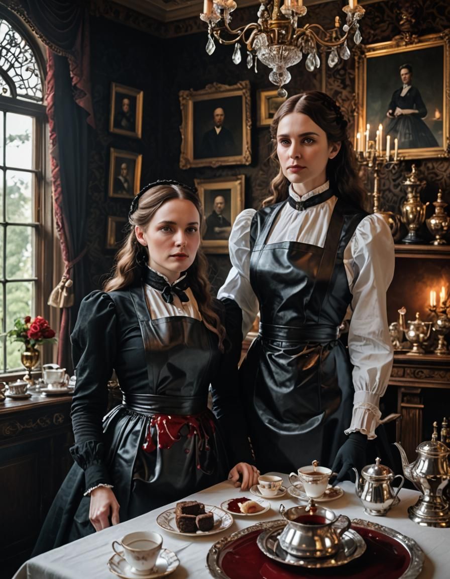 Victorian Mother and Daughter Serve High Tea