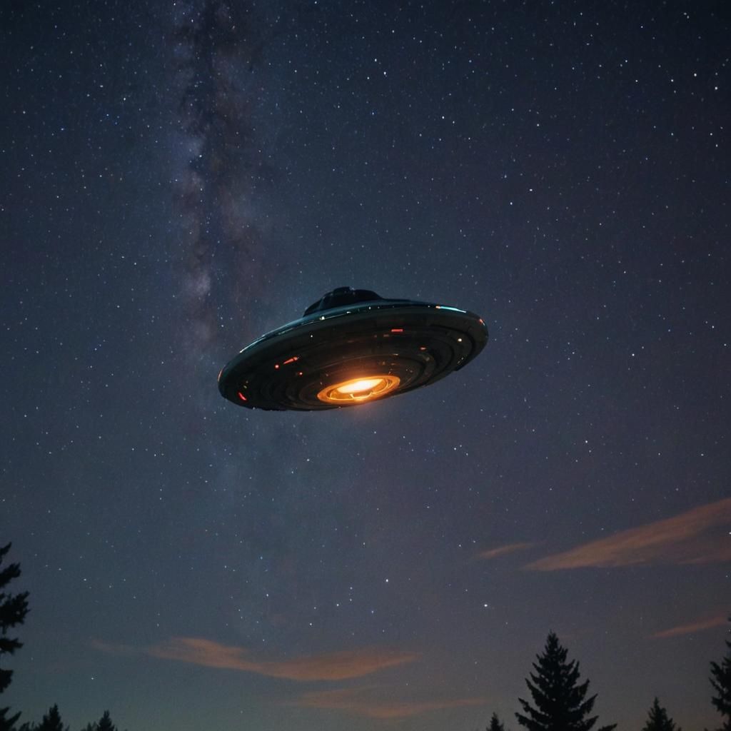 UFO in Starry Night Sky: Cinematic Film Still