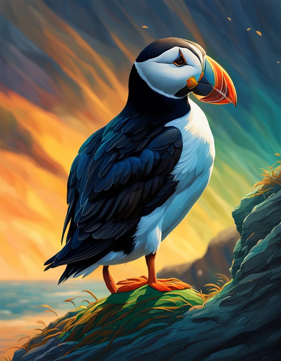 Hyperrealistic Puffin on Cliff in Splash Art Style