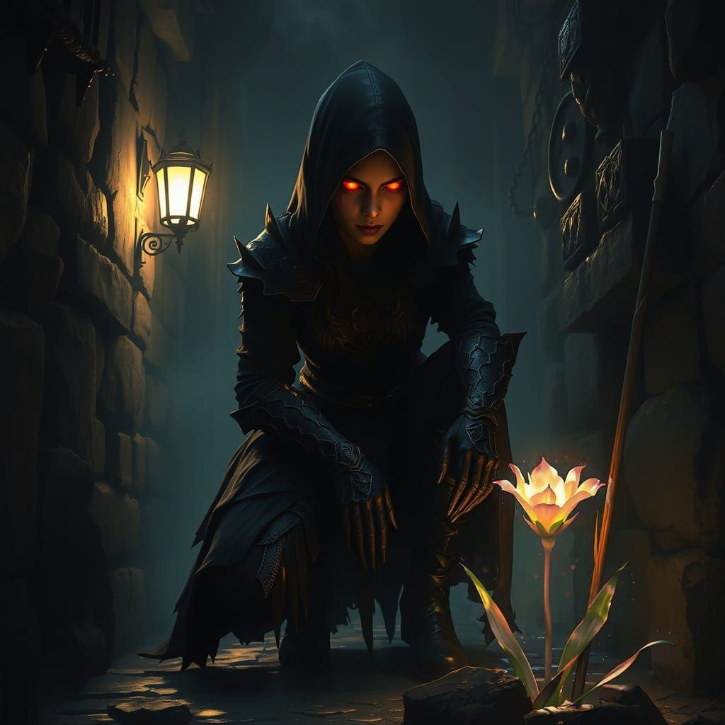 Dark Fantasy Assassin Frozen in a Misty Alleyway