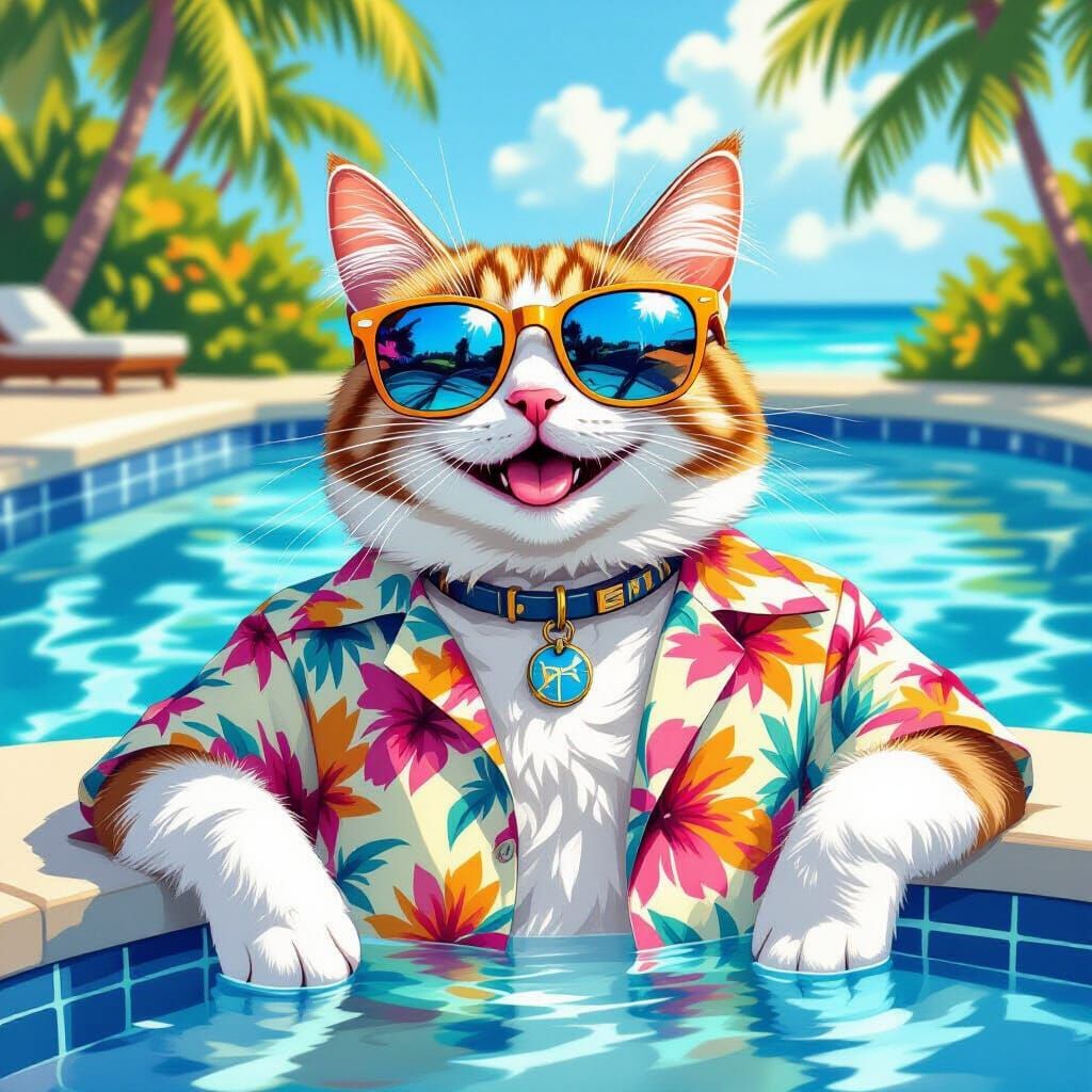 Happy Cat Lounging by Pool in Digital Art Style