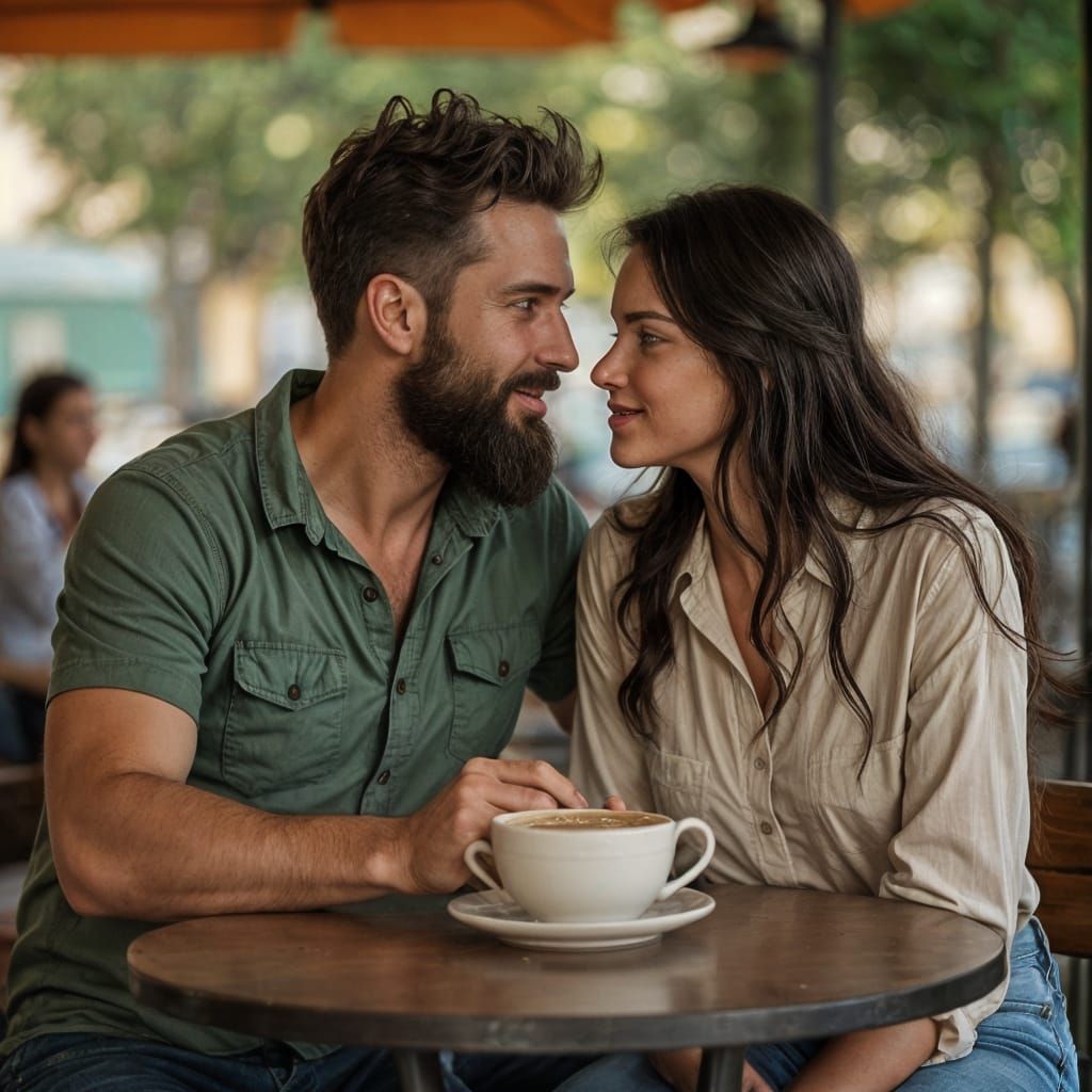 Man and Woman Share Coffee at Outdoor Cafe