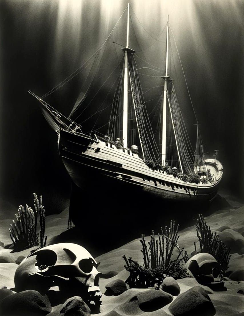 (UNDERWATER schooner, sunken wreckage, BONES:1.3), charcoal zentangle, surreal shadows, DYNAMIC:: Käthe Kollwitz, Grete ...