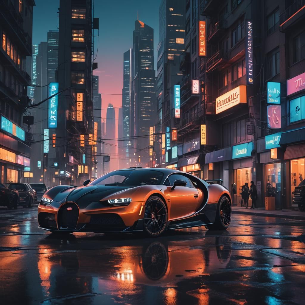 Bugatti in Neon Noir Cyberpunk Cityscape