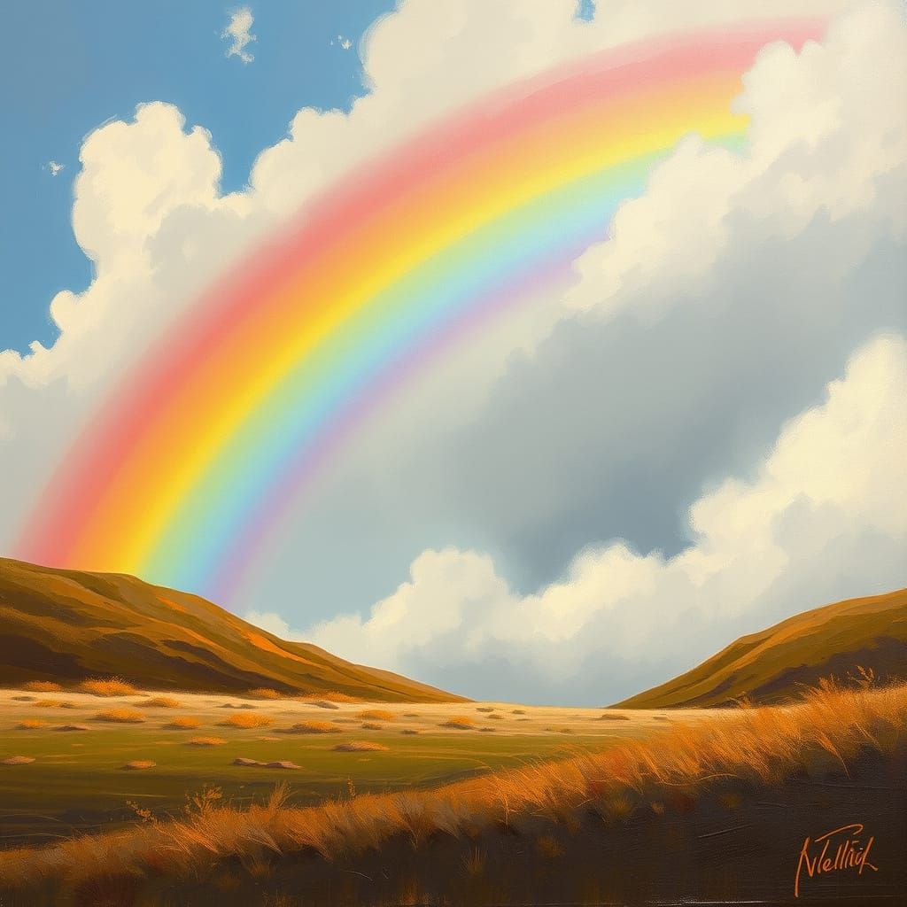Spotted Rainbow in Cloudy Sky, Oil Painting Style