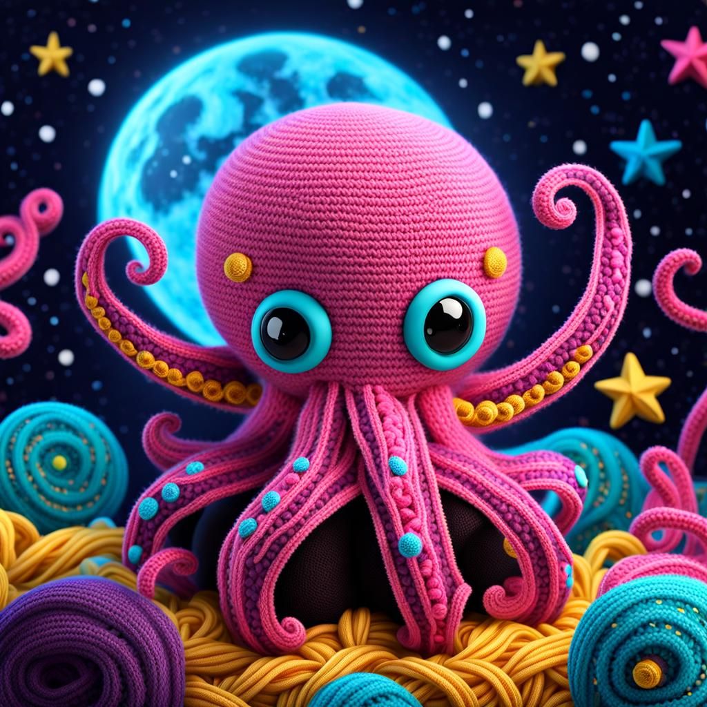 3D Knitted Cosmic Octopus in Neon Yarn