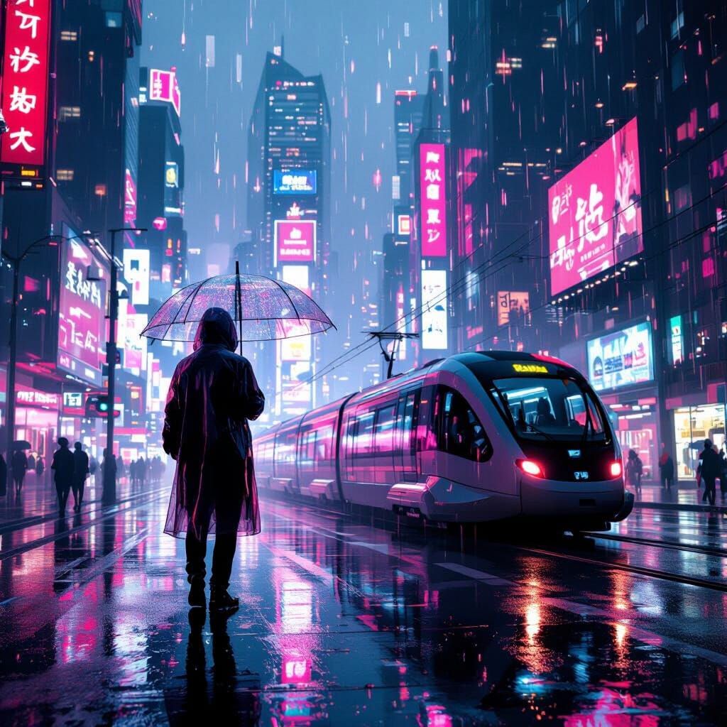 Cyberpunk Cityscape with Neon Lights and Maglev Train