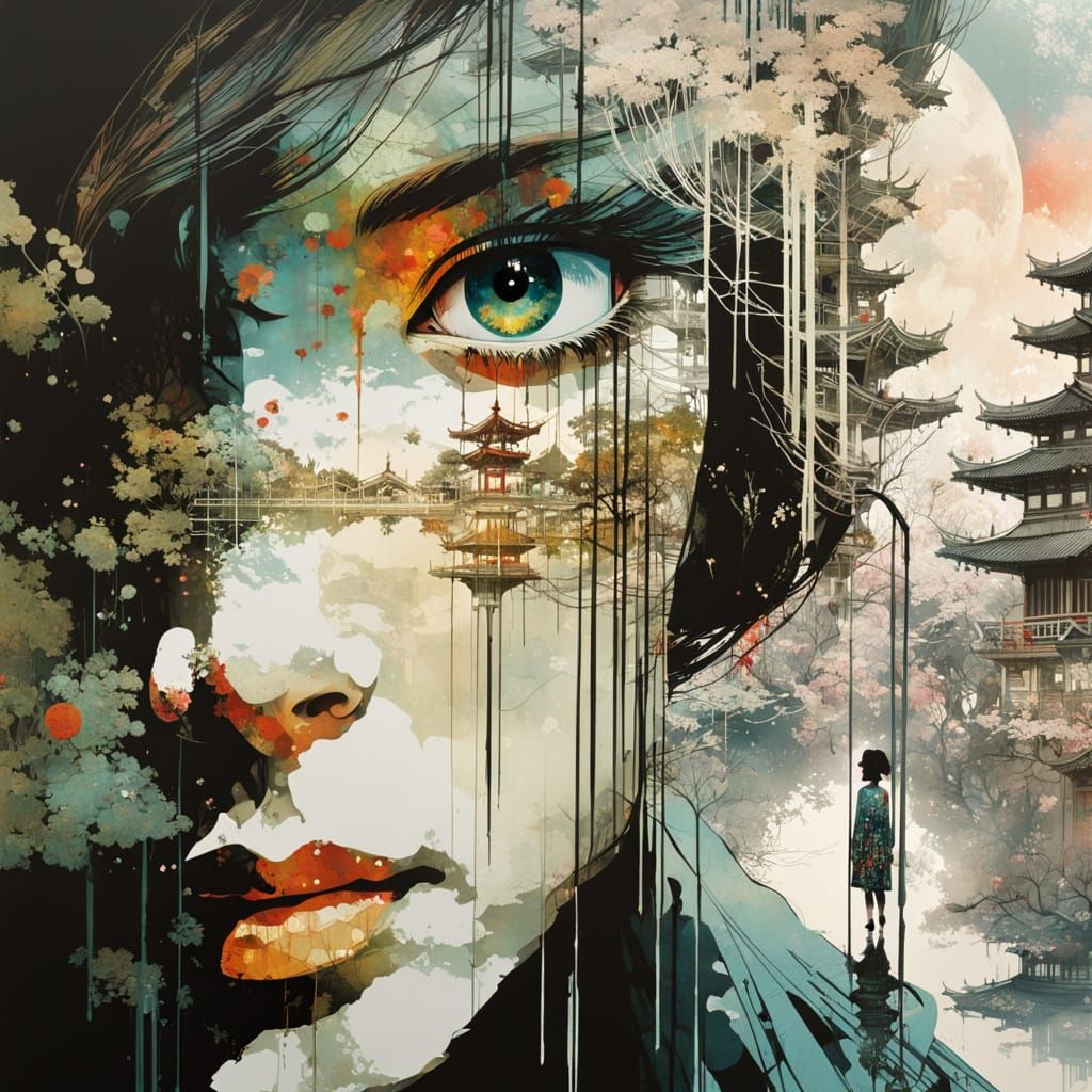 Galaxy Dripping into Japanese Street Scene with Princess Sil...