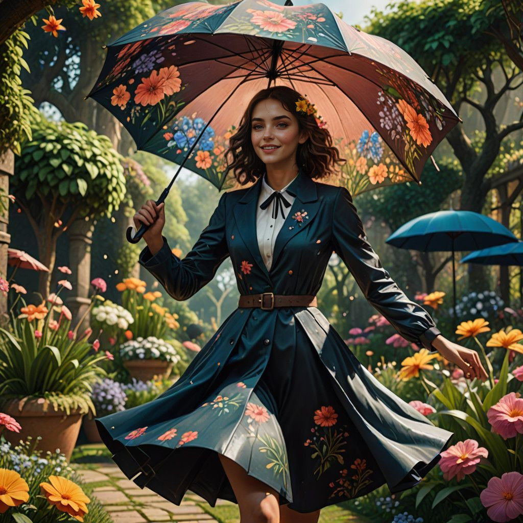Majestic Young Lady Dancing Under Vibrant Blooms in a Fantas...