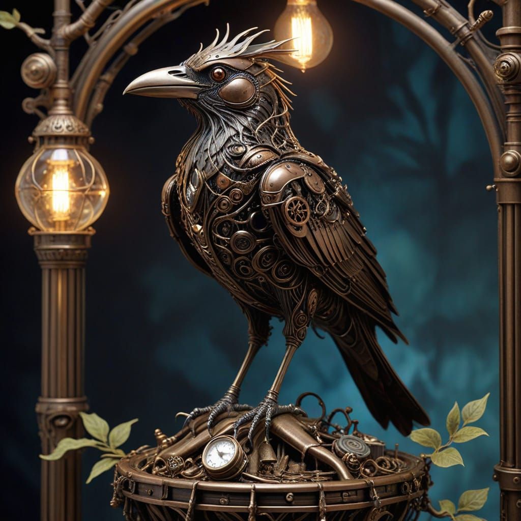 Steampunk Copper Raven in Mechanical Aviary