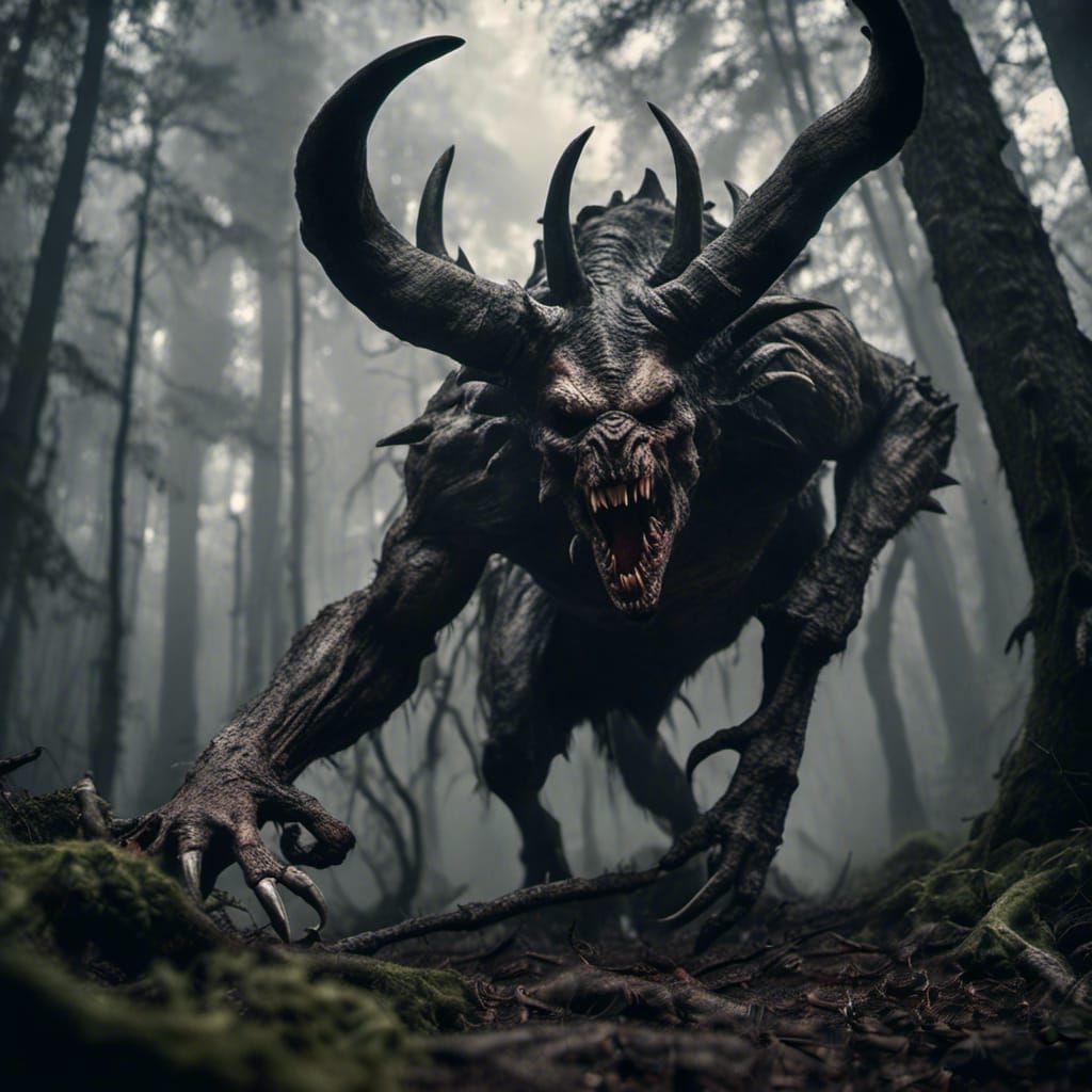 Carnivorous Monster Roaring in Misty Dark Fantasy Forest