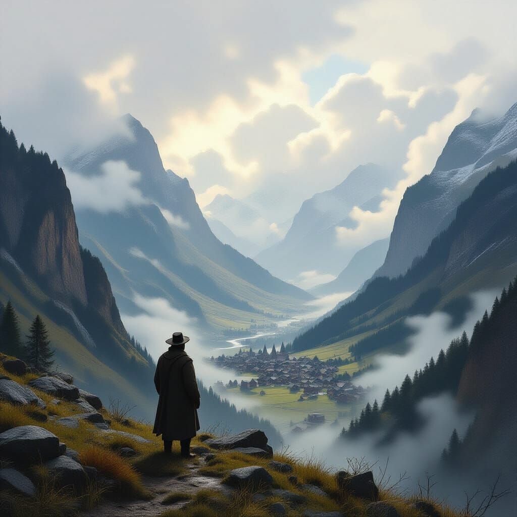 Farmer Gazes Over Cloudy Mountain Vista Towards Village