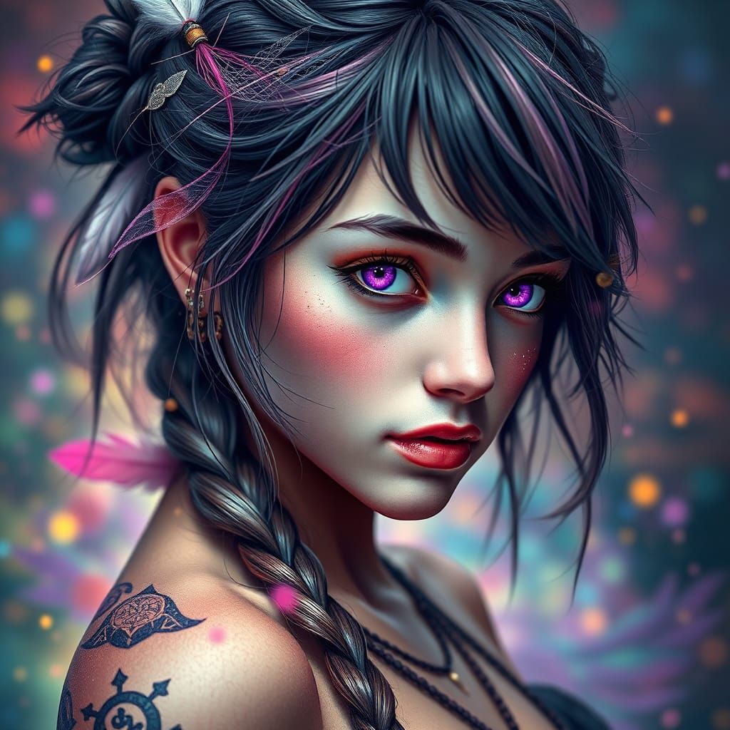 Enchanting Woman with Rune Tattoos in Dreamlike Style