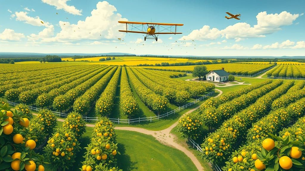 Lemon Orchard Vista with Biplane in Gouache Style