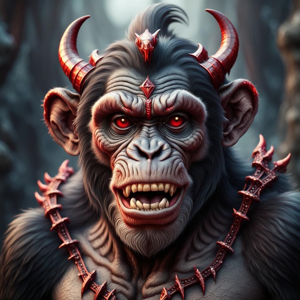 Demonic Chimpanzee with Devil Horns in Matte Painting