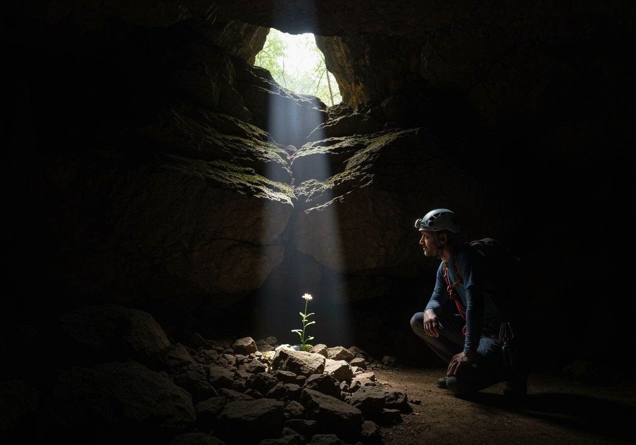 Lone Flower in Dark Cave, Illuminated