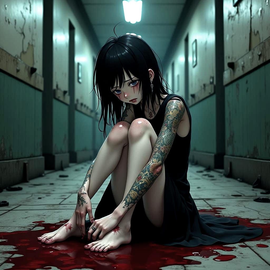 Anime Punk Girl Cries Blood in Asylum, Ghibli Style