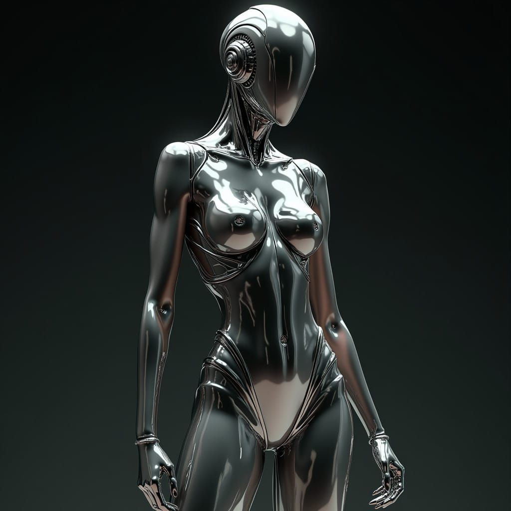 Sleek Chrome Superheroine in Futuristic Pose
