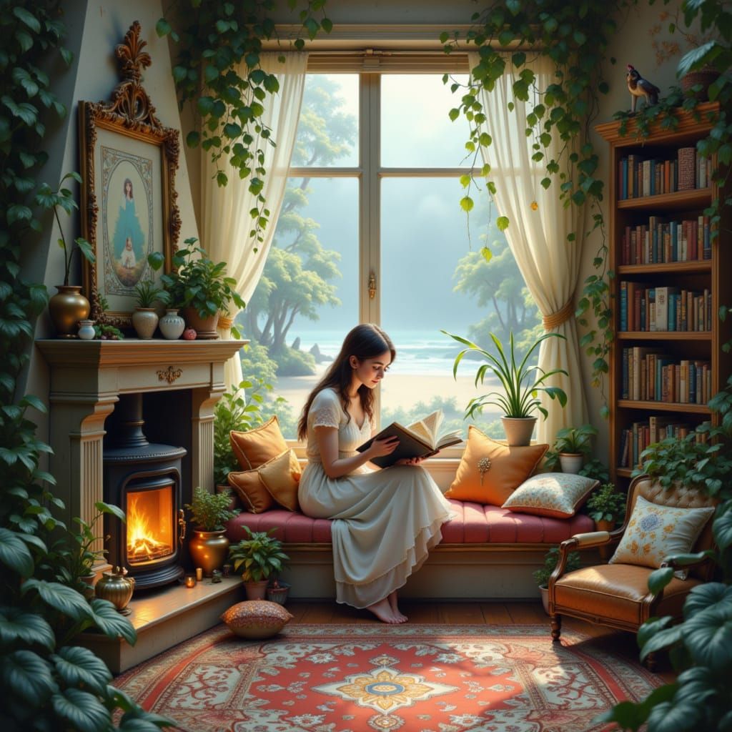 Cozy Reading Nook by Fireplace, Folk Art Style
