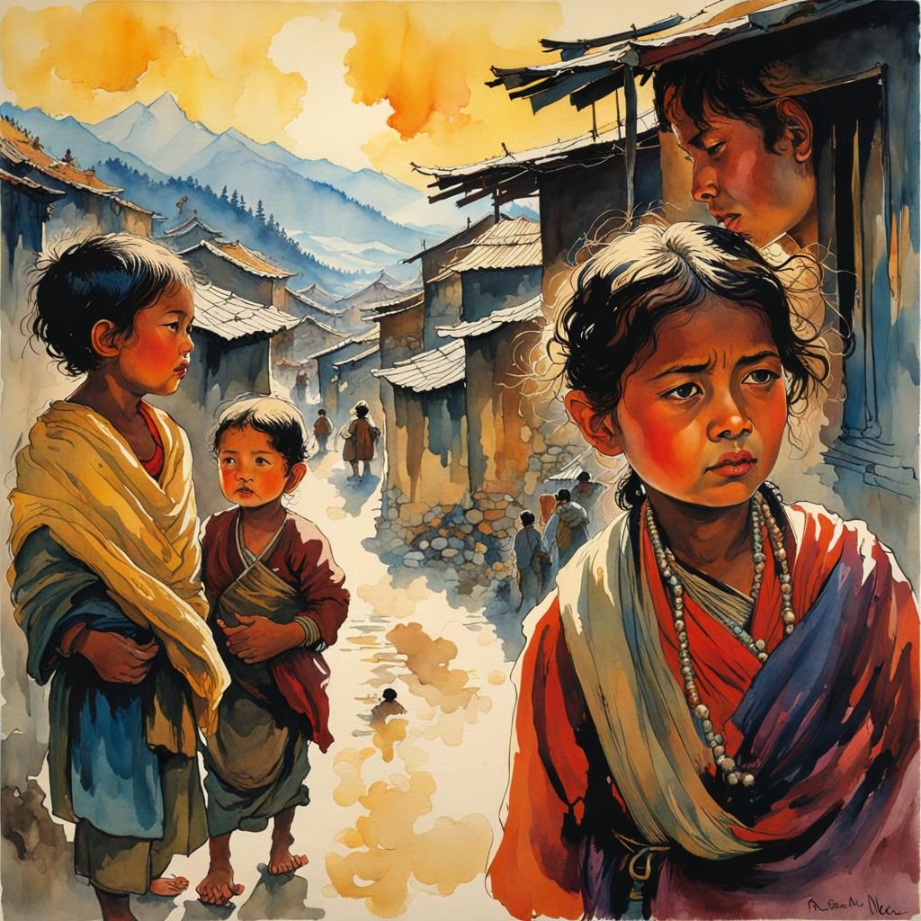 Nepalese Children in Watercolor Painting with Golden Outline...
