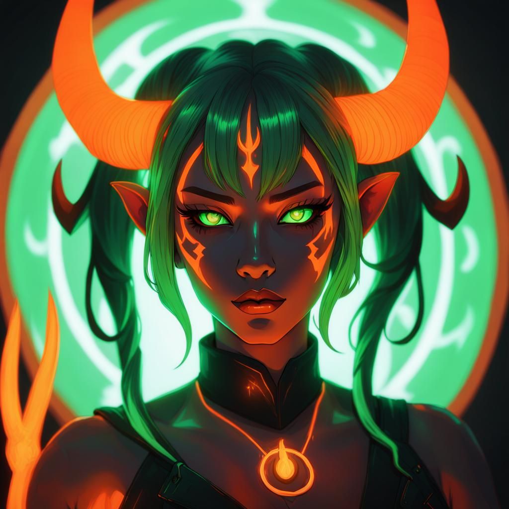 Anime Demon Girl with Neon Glow in Loish Style