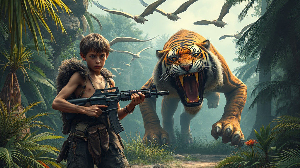 Imagine a lanky prehistoric human boy with an angry expression, holding a ak-47, facing one huge angry Sabre-toothed Tig...