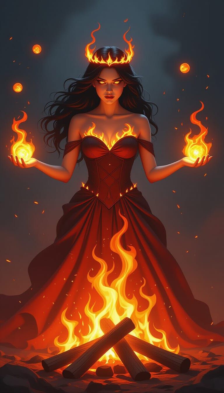 Fiery Nymph Above Bonfire in Dramatic Concept Art Style